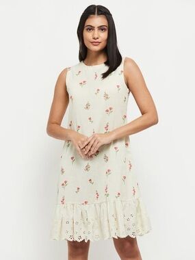 Max Cotton Linen Floral Print Lace Dress M